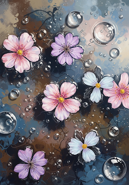 Floating Flowers Raindrops Water Reflection Art