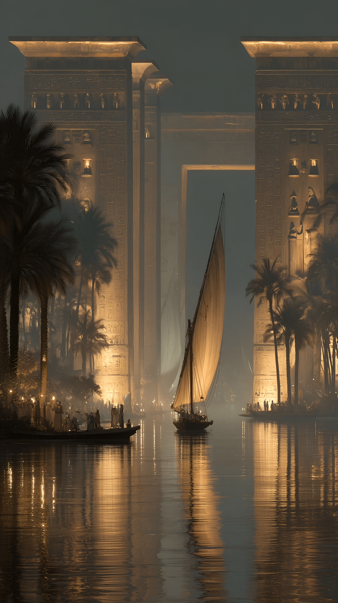 Mystical Nile River Felucca Sailing Past Ancient Temples - Free 4K mobile Wallpaper