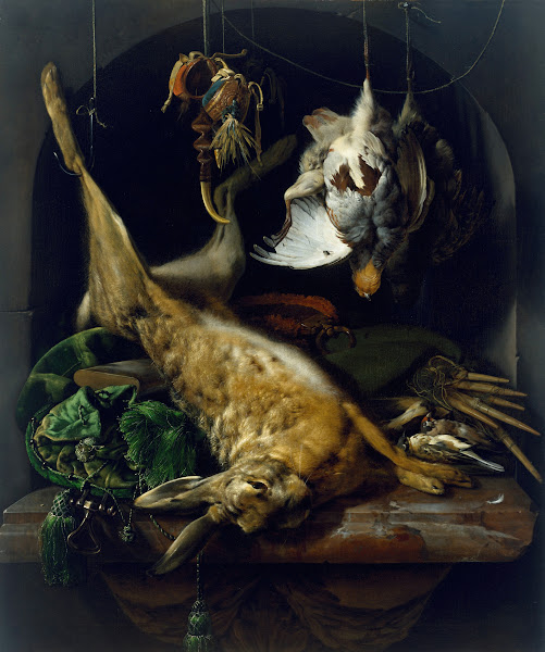 Still Life of a Dead Hare Partridges and Other Birds in a Niche circa 1675