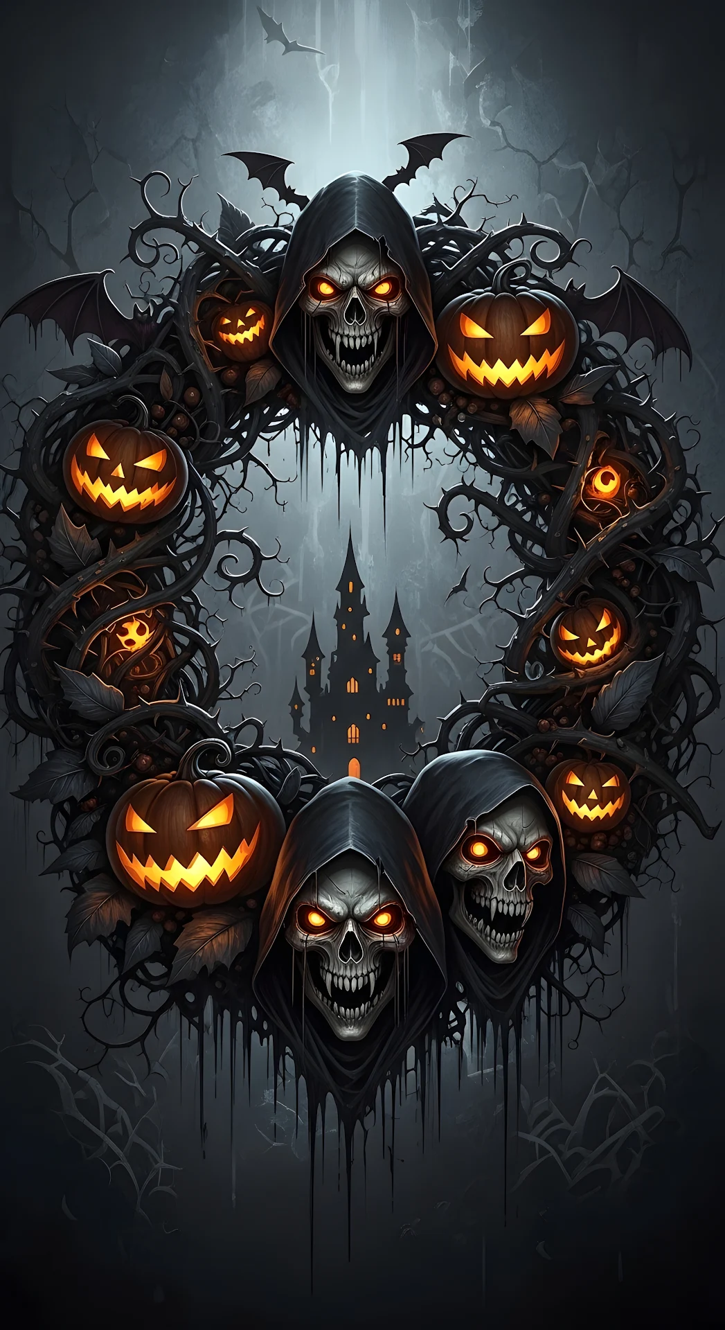 Gothic Halloween Wreath with Skulls and Pumpkins - Free 4K mobile Wallpaper