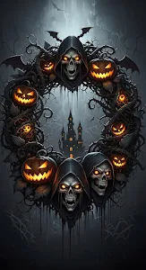 Gothic Halloween Wreath with Skulls and Pumpkins