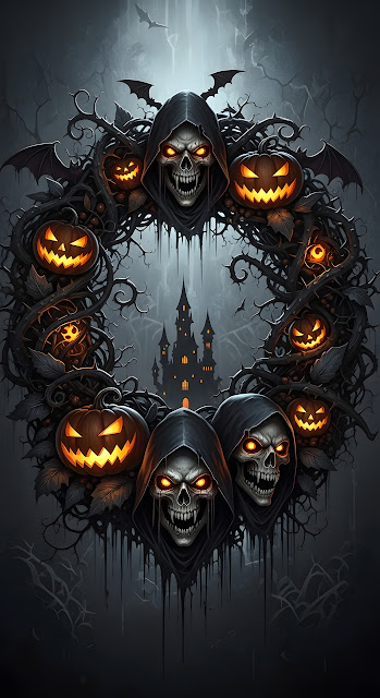 Gothic Halloween Wreath with Skulls and Pumpkins - Free mobile Wallpaper