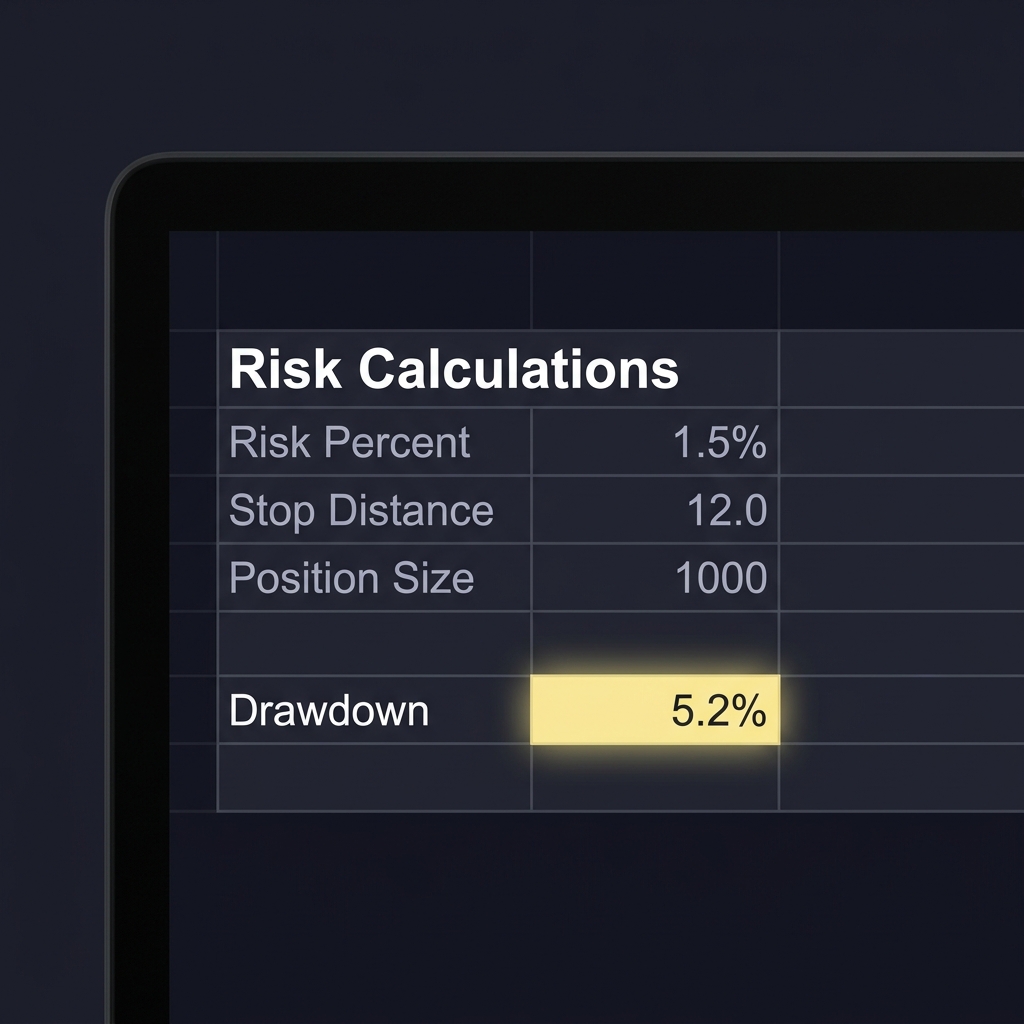 How to Scale Position Size Without Losing Control close up of spreadsheet column showing risk percent stop distance position size calculations and a highlighted drawdown cell on dark Funded Plays style background