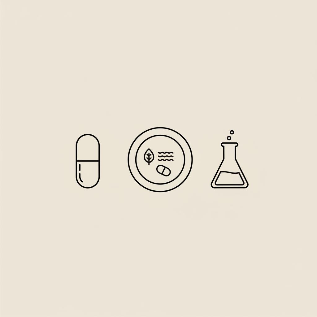 Minimalist line illustration of a capsule, balanced meal plate, and lab flask on a beige background representing best non-prescription weight loss medicine research and diet