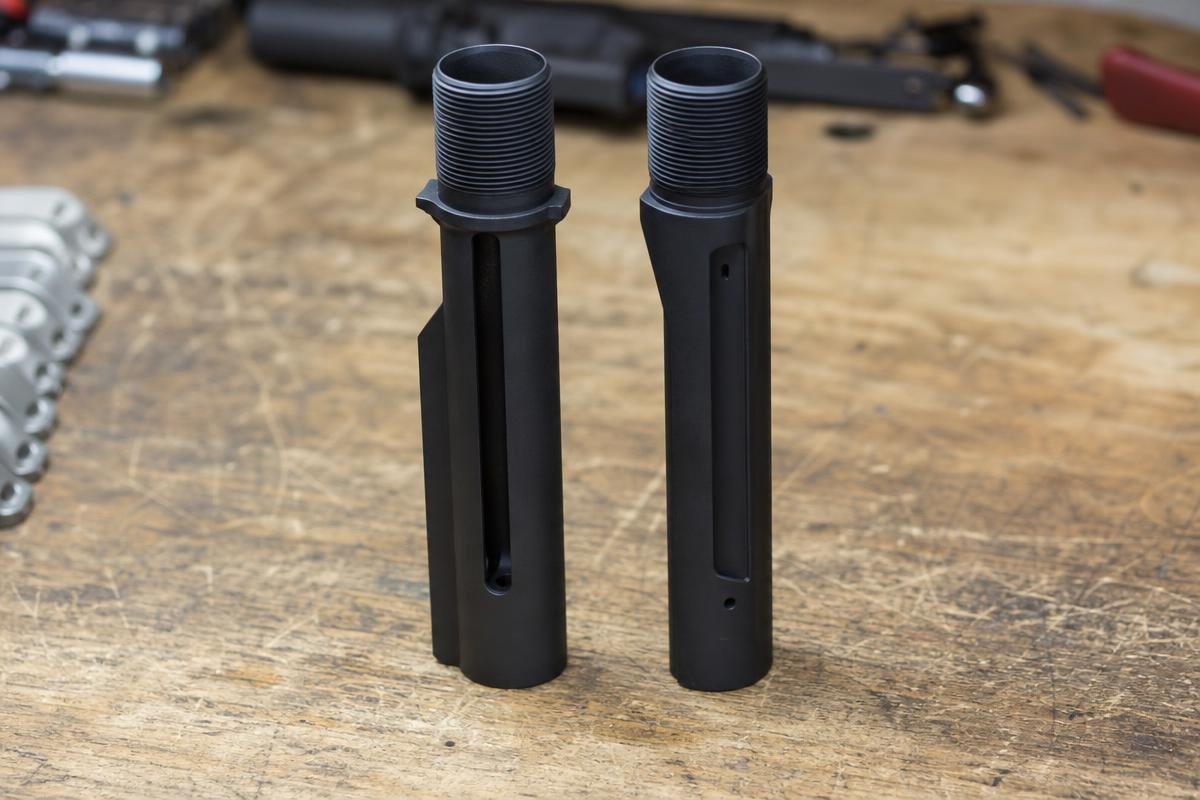 mil spec buffer tube compared to commercial buffer tube showing diameter difference