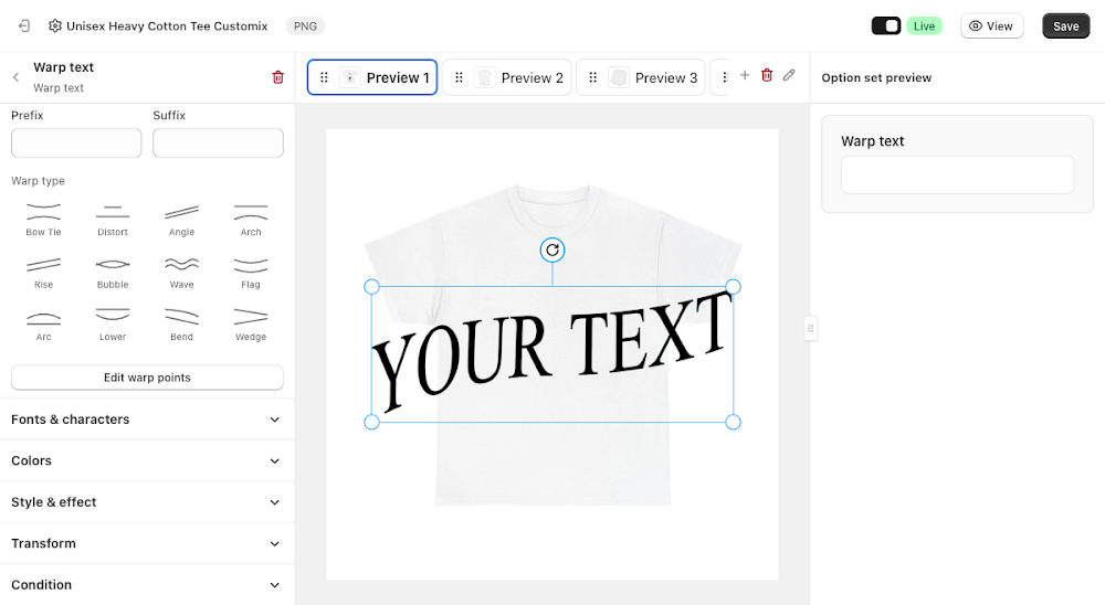 Prefix and Suffix fields, the twelve Warp type presets, and the Edit warp points button