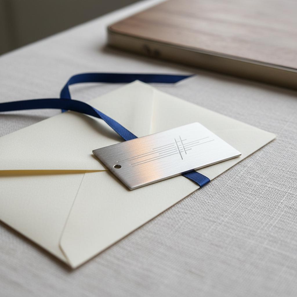 Nahaufnahme eleganter Umschlag mit personalisiertem Metallanhänger auf hellem Leinenstoff – Gravurdetails sichtbar, minimalistisches Geldgeschenk Masterabschluss.