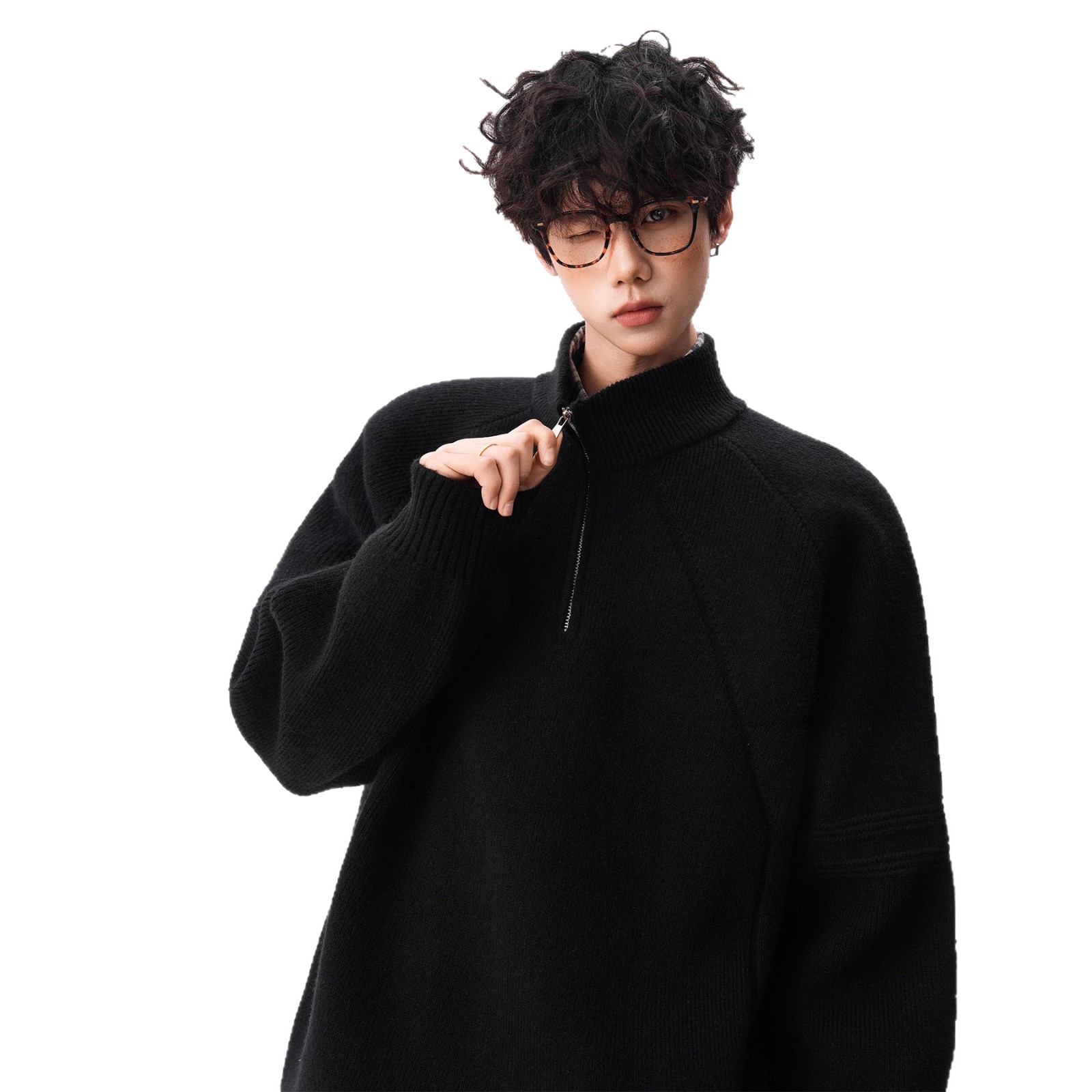 Unisex Knitted Sweater with Stand-up Collar and Zipper