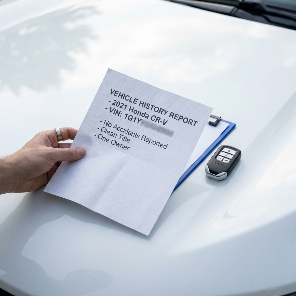 Hand holding a printed vehicle history report and key fob on a white car hood minimalist composition showing clear text blocks and a small blue clipboard accent for how to find the value of my used car