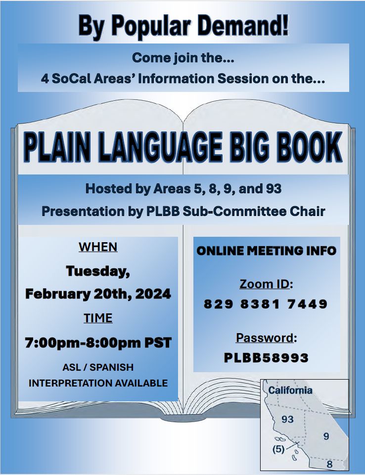 Flyer: Plain Language Big Book Information Session – 4 Area Event