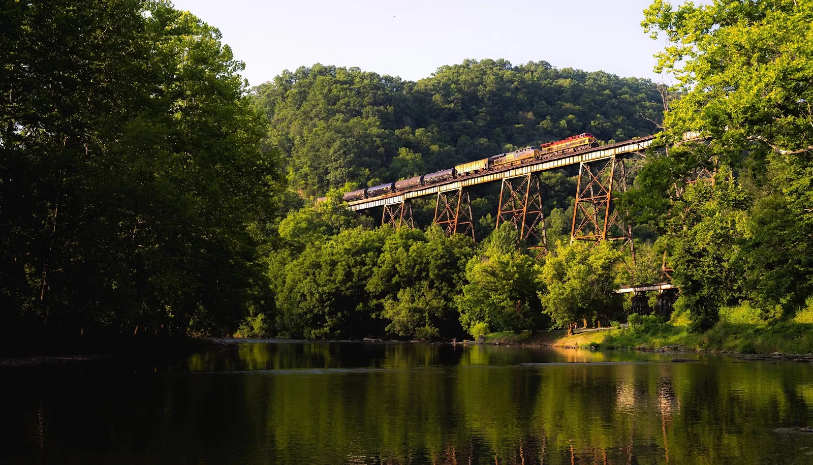 Freight Train Over High Trestle - Landscape Photography 5K Wallpaper (6144x3514)