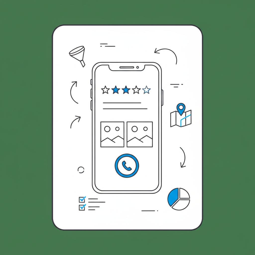 Minimal vector notebook-style wireframe for a handyman website showing a mobile screen with a click-to-call button, star reviews, before-and-after photo blocks, and a map pin.