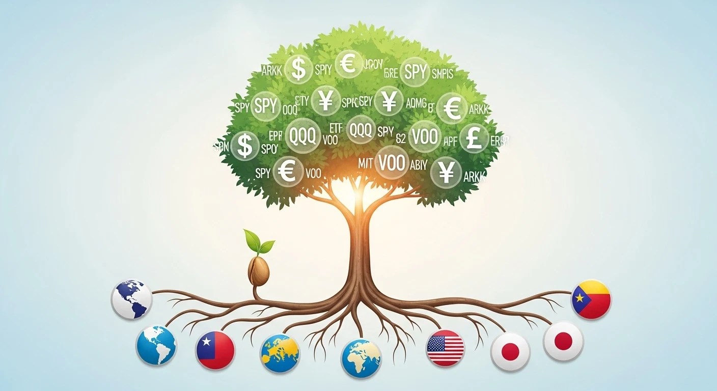 청년도약계좌 만기 자금이 세계 여러 시장에 분산 투자되어 큰 나무로 성장하는 모습