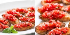 Bánh mì cắt thành từng miếng có kích thước bằng nhau, phết dầu olive lên 2 mặt bánh mì, sau đó cho vào lò nướng ở 230 độ C trong 5 phút để 2 mặt vàng đều. Lấy bánh mì ra, phết sốt cà chua lên trên và thưởng thức thôi nè.
