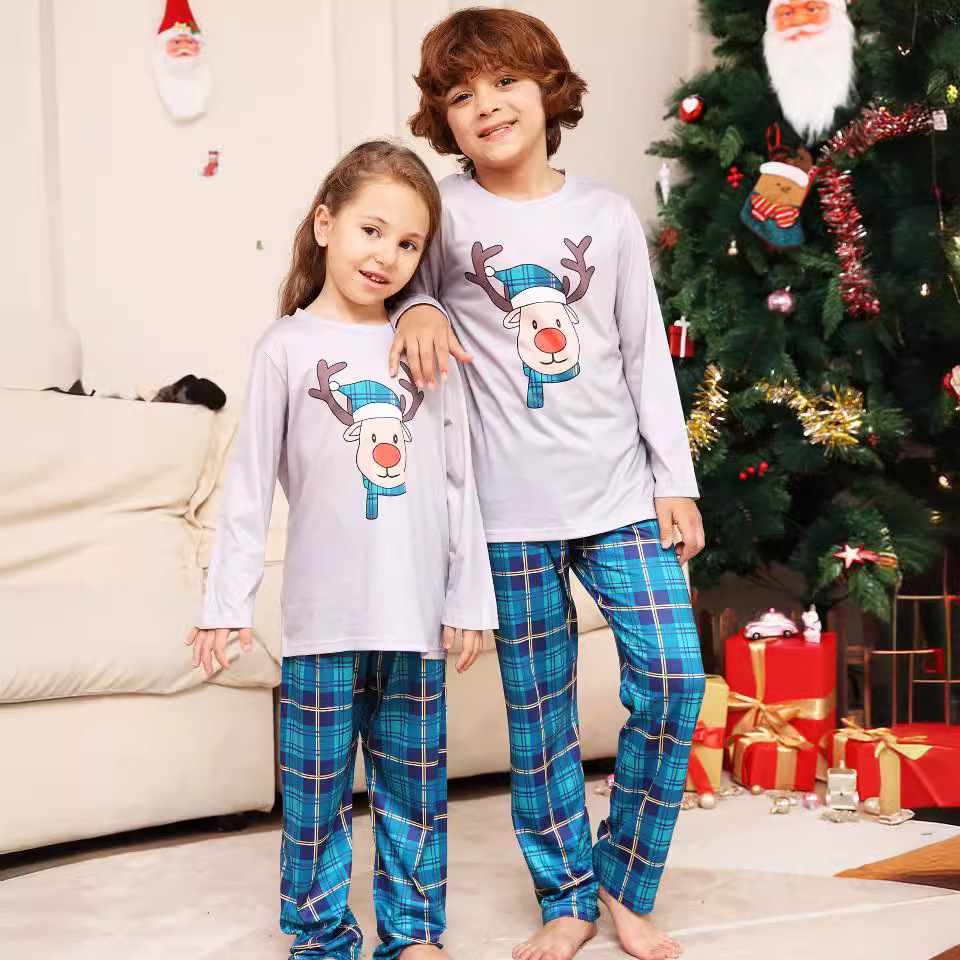 Christmas Pajama Set for Families, plaid with reindeer motif