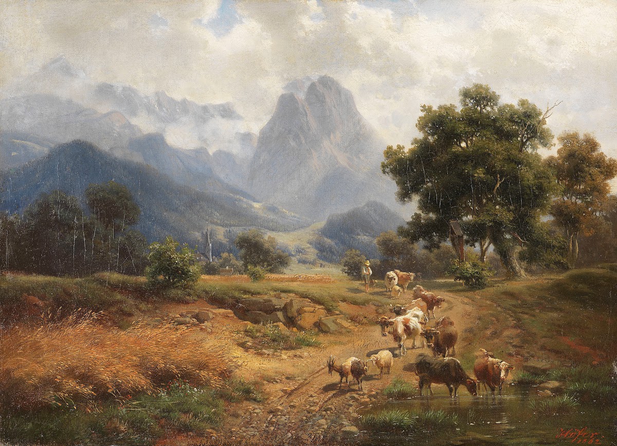 Hirtenjunge mit Vieh bei Partenkirchen mit Blick auf das Wettersteingebirge 1862
