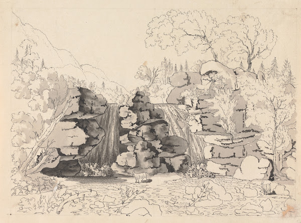 Rocky Landscape with Waterfalls and Goats