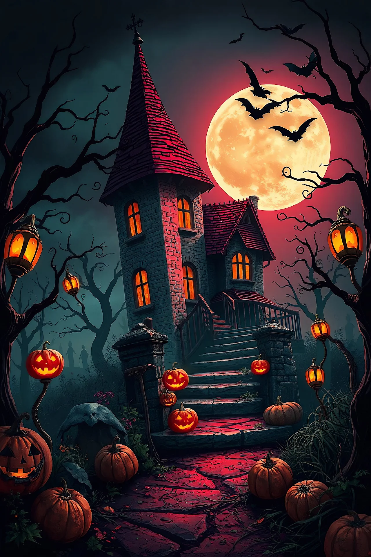 Haunted House Under Blood Moon with Pumpkins - Free 4K mobile Wallpaper