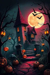 Haunted House Under Blood Moon with Pumpkins