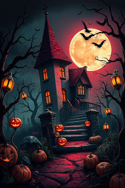 Haunted House Under Blood Moon with Pumpkins - Free mobile Wallpaper