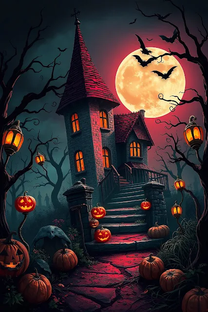 Haunted House Under Blood Moon with Pumpkins