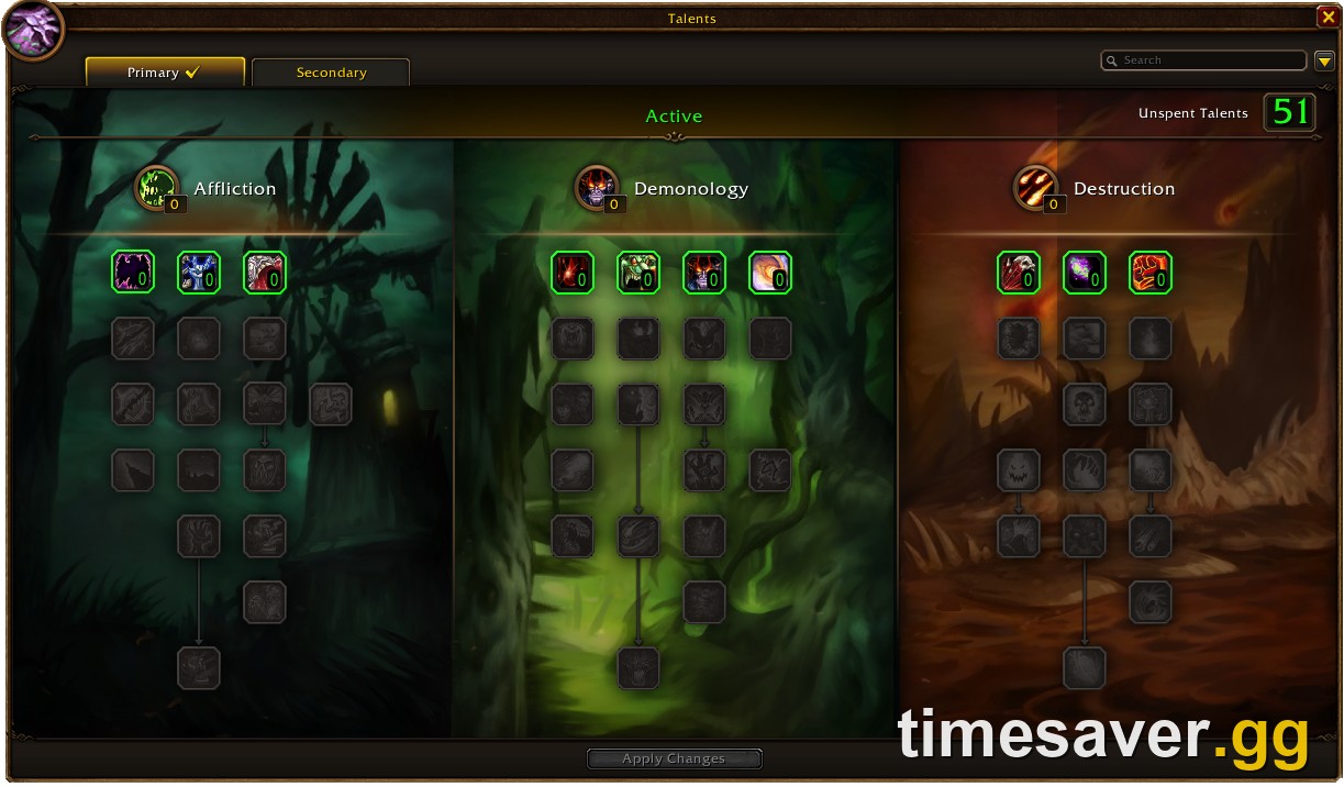 Official WoW Forever Warlock talent window showing the Affliction, Demonology and Destruction trees
