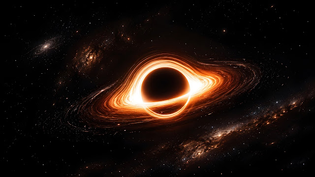 Cinematic 3D render of a void black hole surrounded by a intensely glowing golden photon ring in deep space.