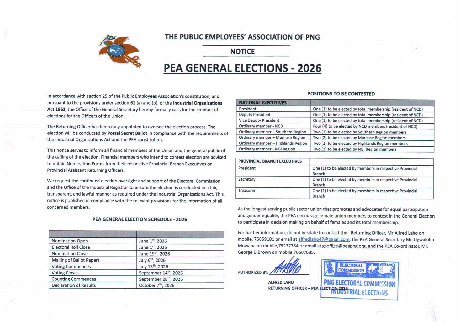 GENERAL ELECTION NOTICE TO ALL PEA MEMBERS