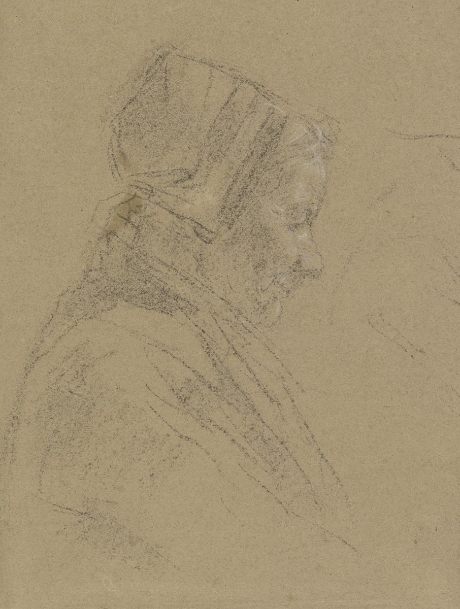 Old female spinner in profile