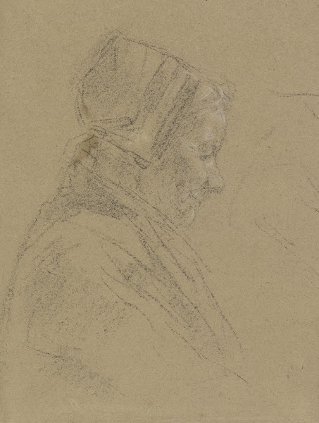 Old female spinner in profile