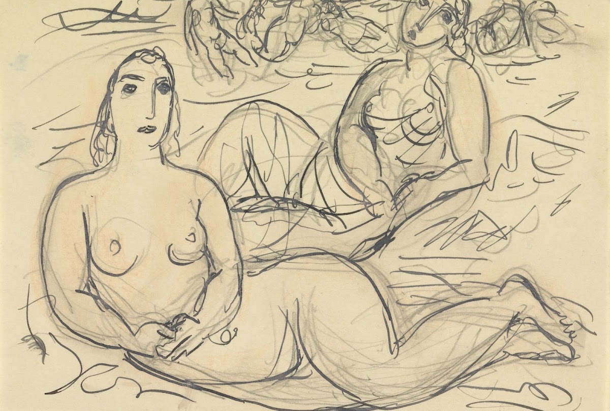 Schetsblad met twee naakte vrouwen aan het water 20th century