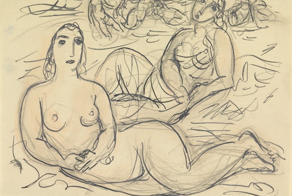 Schetsblad met twee naakte vrouwen aan het water 20th century