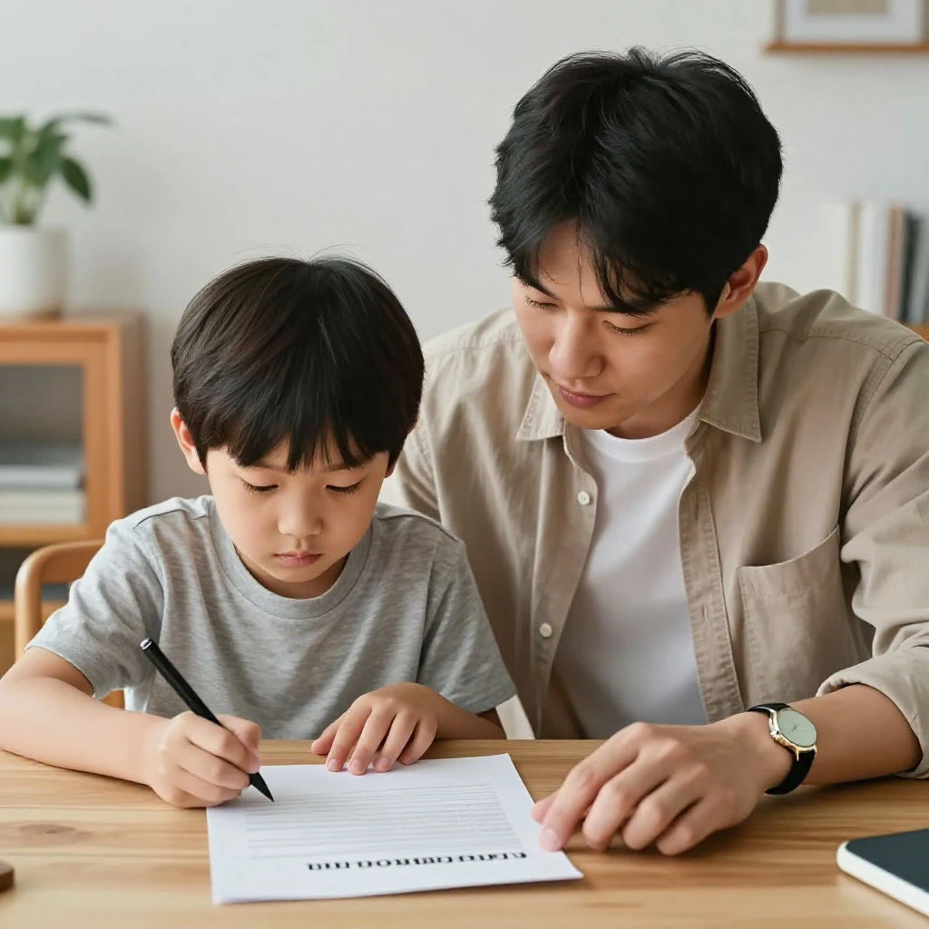 스마트폰 사용 계약서를 함께 작성하는 부모와 아이