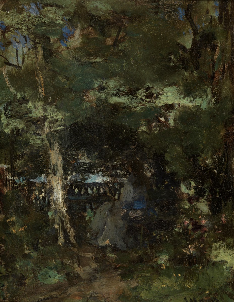 Dame op een bankje in het park 1870