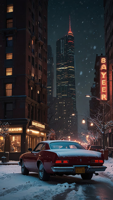 Red Classic Car in Snowy City at Night - Free mobile Wallpaper