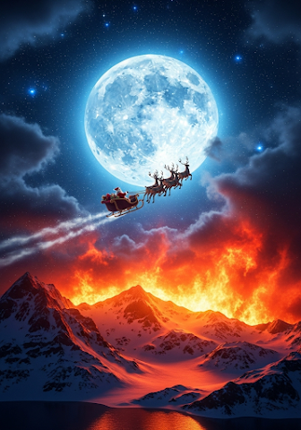 Epic Santa Sleigh Reindeer Fiery Night Sky Christmas