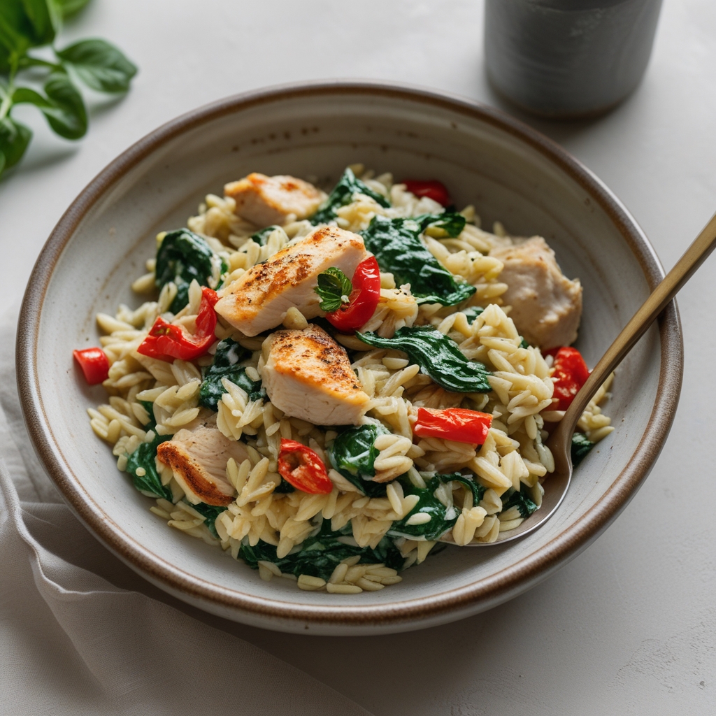 Creamy Roasted Red Pepper & Spinach Orzo Bake with Chicken