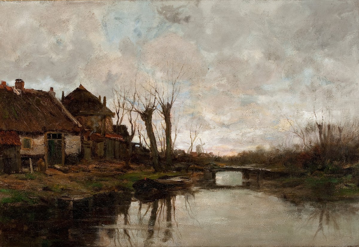 Cloudy Day Along a Dutch Canal circa 1910