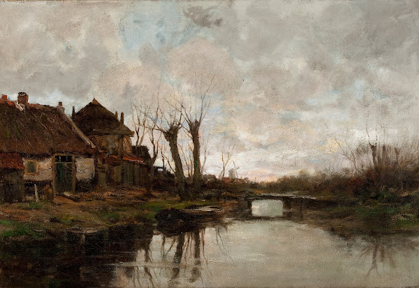 Cloudy Day Along a Dutch Canal circa 1910