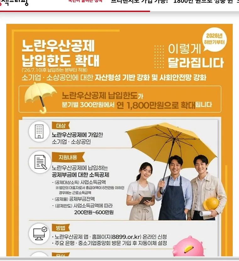 대한민국 정책브리핑 누리집의 노란우산공제 소득공제 한도 확인 방법 안내 화면