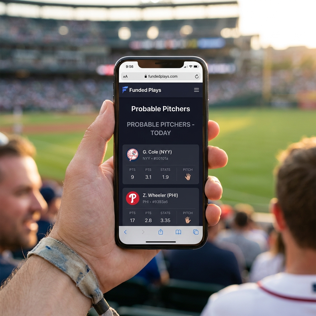 Fan holding smartphone showing probable pitchers page for blue jays orioles prediction in a minimalist Funded Plays styled interface with dark background