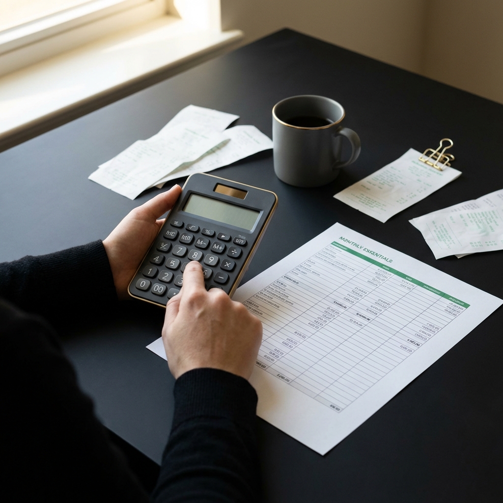 Close up of hands using a calculator and a printed spreadsheet labeled monthly essentials with receipts and a coffee cup illustrating wealth building strategies