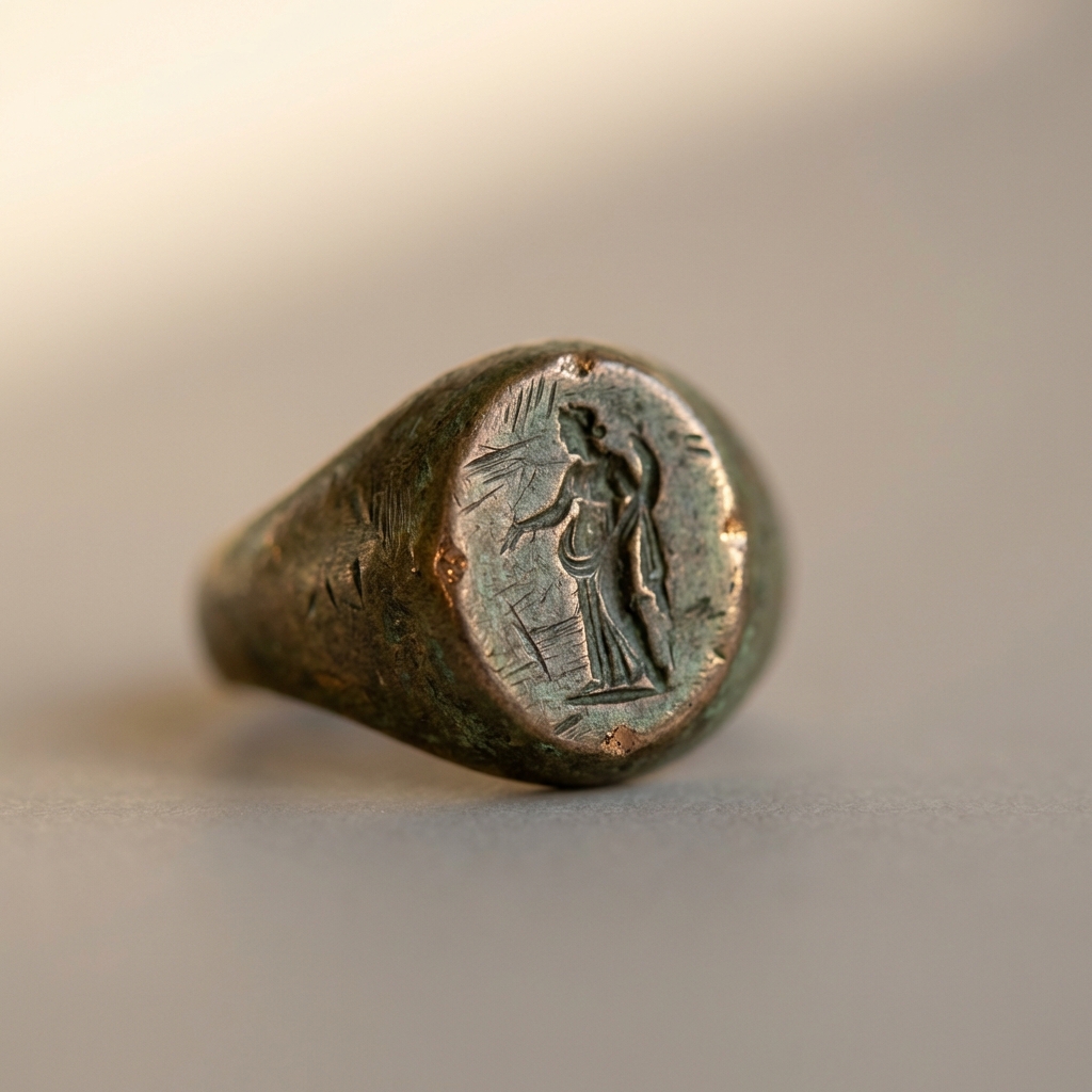 Macro close up of an ancient greek wedding rings bronze bezel showing patina and hand tool marks on a clean beige background Aurora Antiqua aesthetic