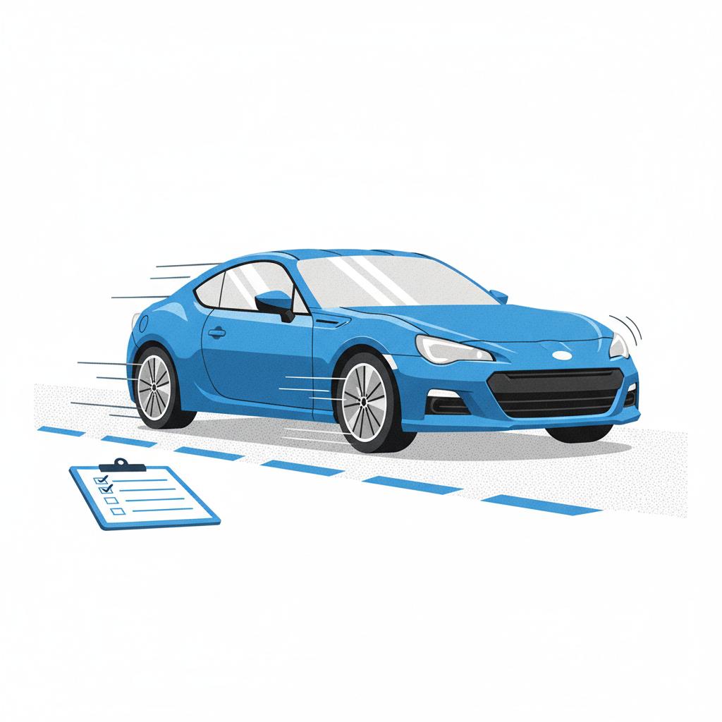 Minimalist 2D vector of a subaru brz for sale on a test drive route showing suspension motion and textured road surface with a clipboard checklist graphic in the foreground