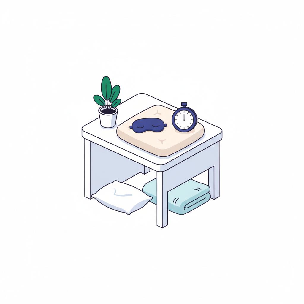 Minimalist 2D vector nap corner with eye mask analog timer pillow and calming plant on white background with blue accents tips for insomnia