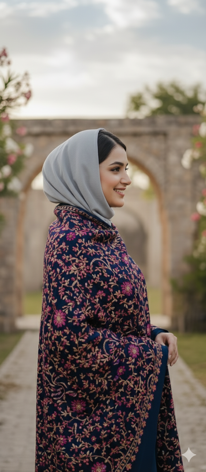 Hand-Embroidered Navy Blue Phulkari Shawl | Pink & Beige Floral Motif Wool Wrap