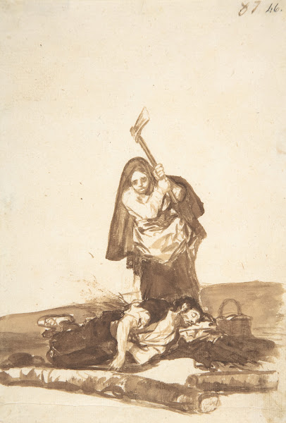 A woman about to attack a sleeping man with an axe ca 181220