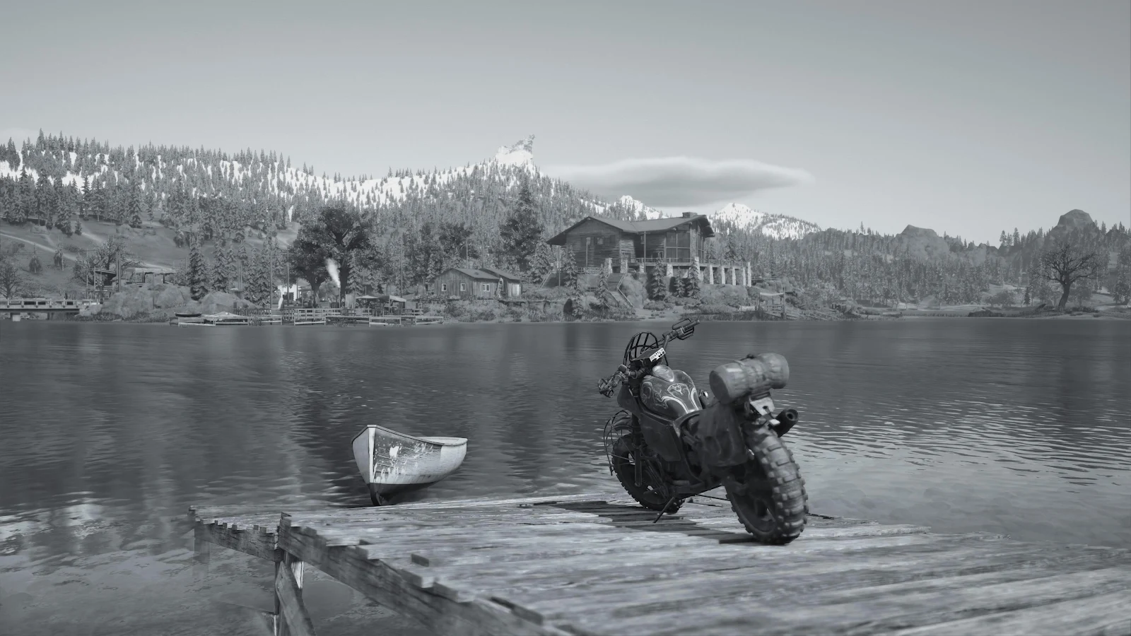 Days Gone Drifter Bike Lakeside - Monochrome Game Photography 4K Wallpaper (3840x2160)