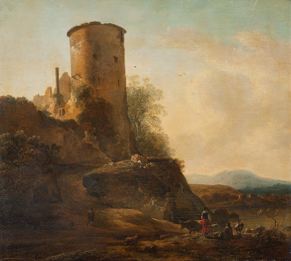 Italian mountain landscape with castle ruins animals and figures first half of 1