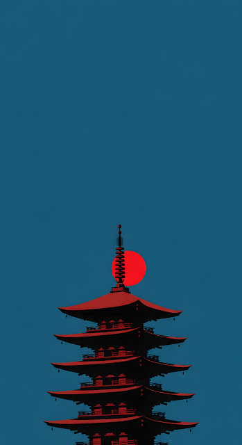 Dark Minimalist Illustration of a Centered Pagoda Silhouette Beneath a Bold Red Sun - Free mobile Wallpaper
